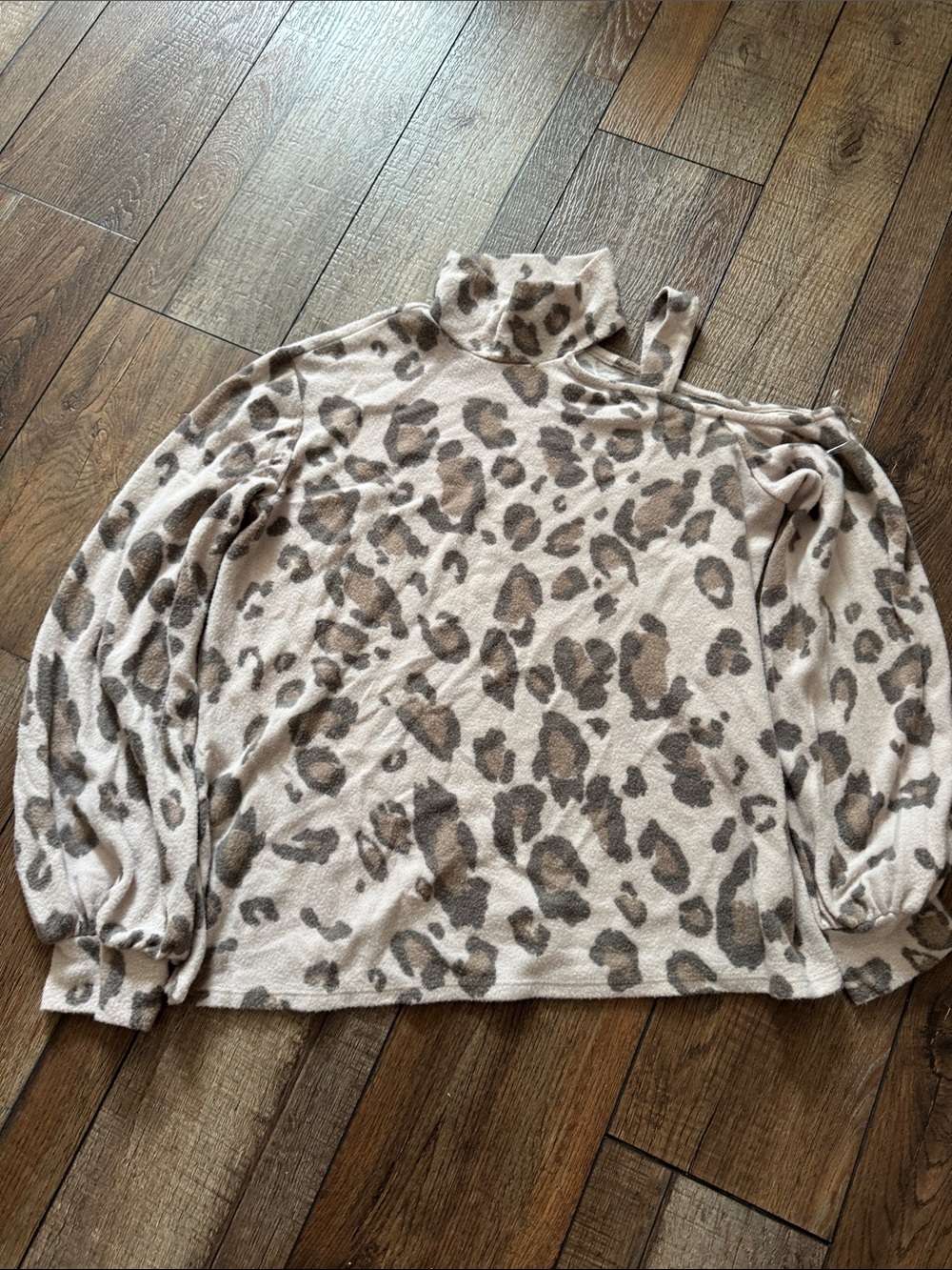 Beige Leopard Print Cold-Shoulder Mock Neck Sweater